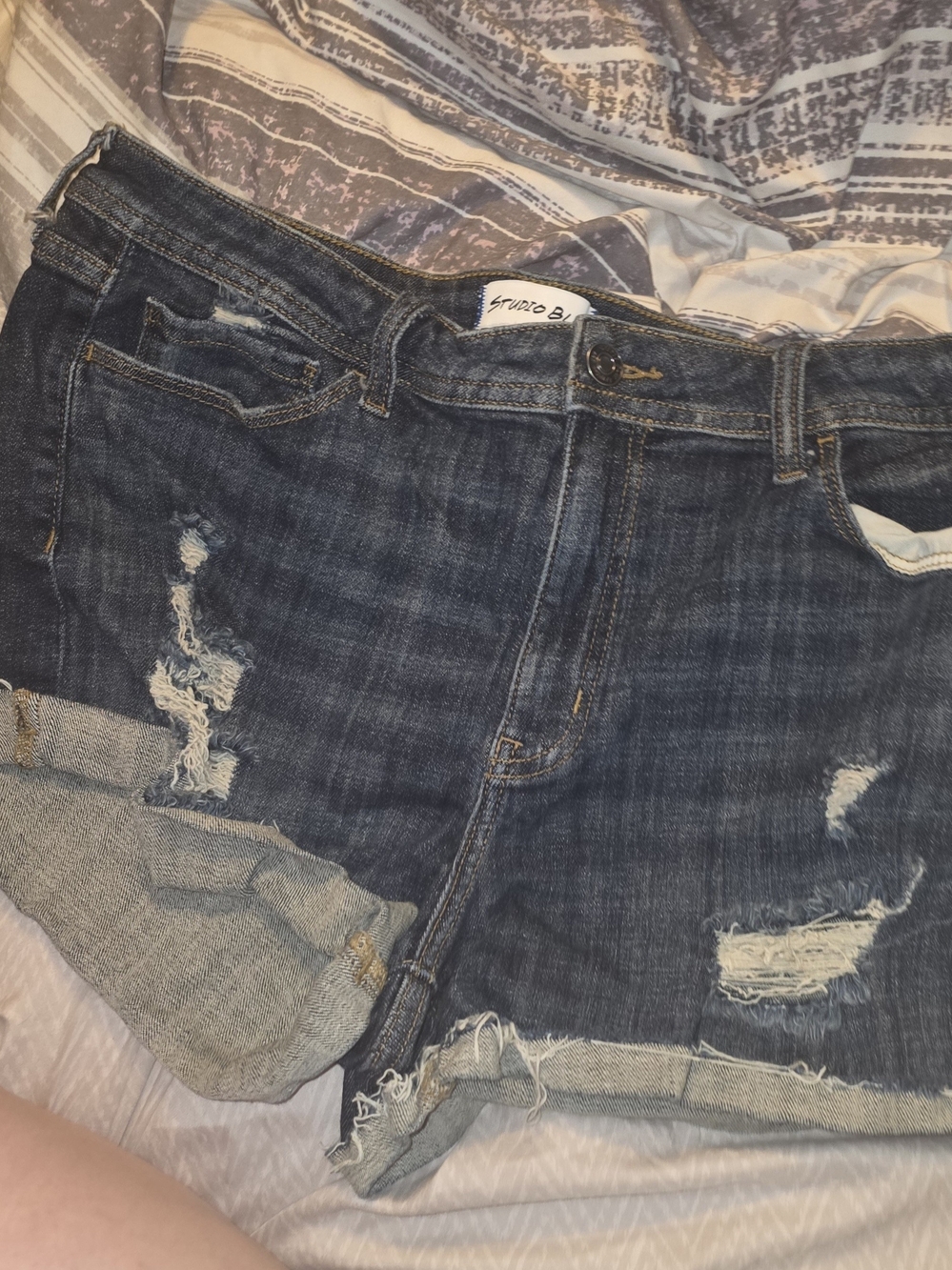 Studio Dark Blue Distressed Cropped Denim Shorts